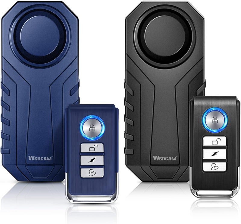 wsdcam Bike Alarm 2 Pack 113dB Wireless Anti Theft Vibration Motion Sensor Vehicle Security Alarm System Waterproof Motorcycle Alarm Bicycle Alarm with Remote - Black & Blue - Image 1